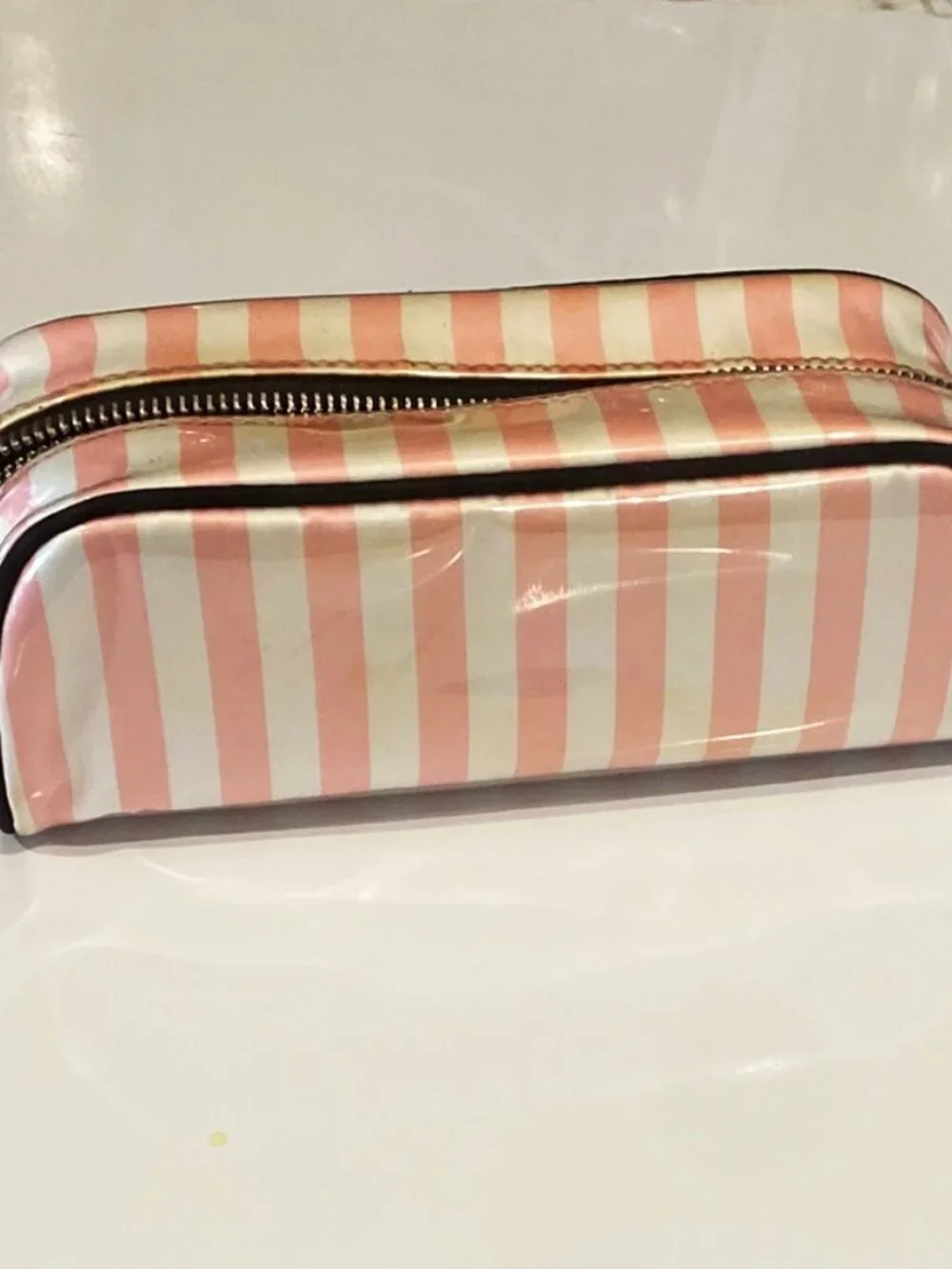 Victoria's Secret Cosmetic Bag Pink Stripe Black Trim Zip Top Lined Makeup Case